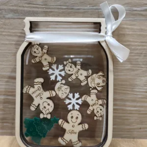 Bocal de Noël familial personnalisé – Plexi transparent avec pains d’épices en bois